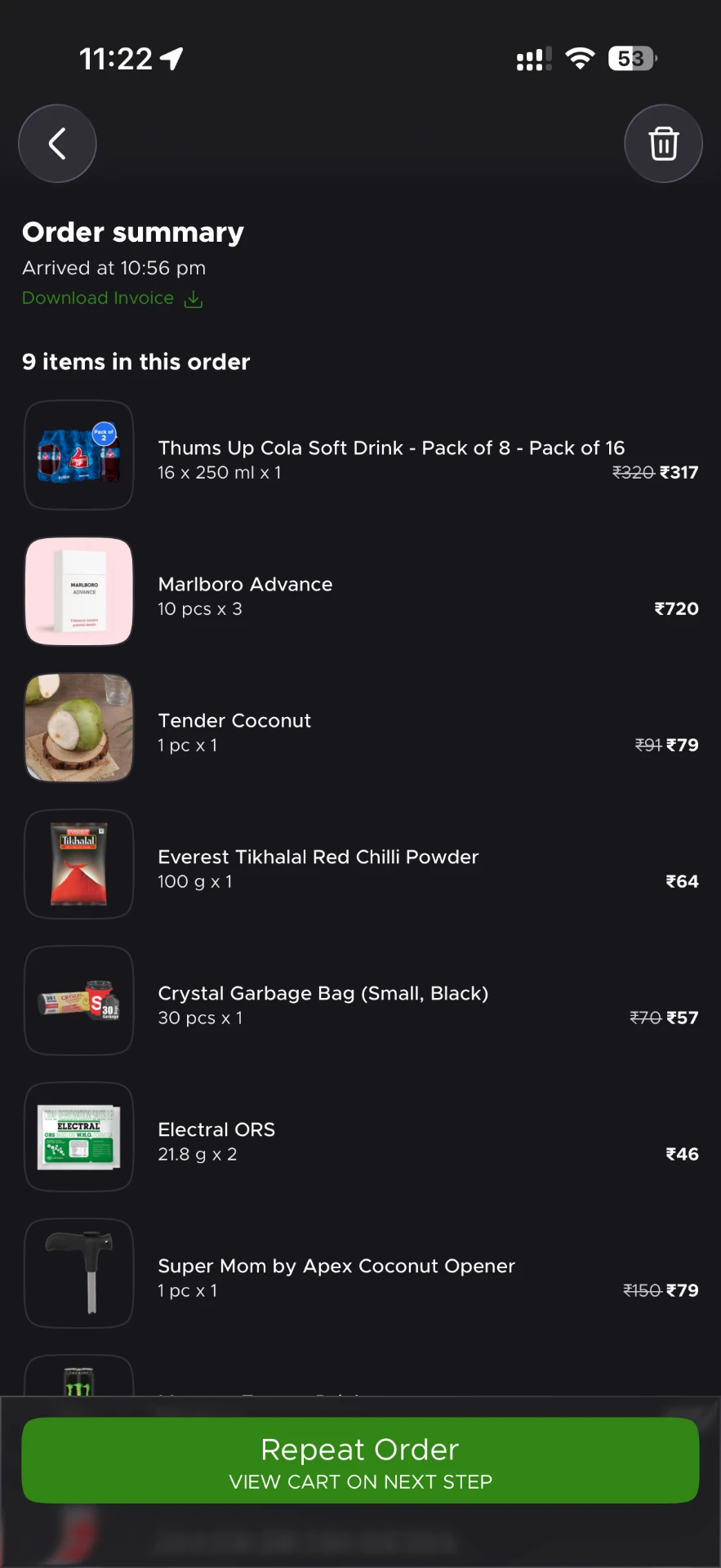 Order summary screen showing 9 items including Tender Coconut billed at Rs 79