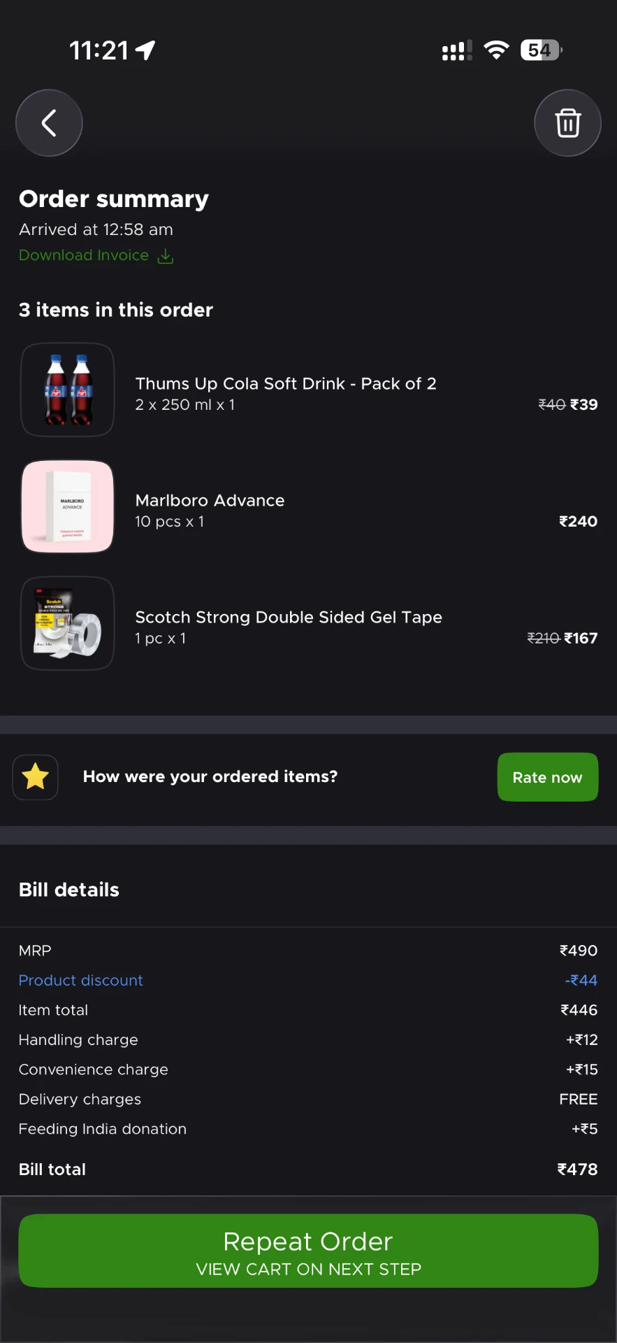 Order summary showing Thums Up Cola pack of 2 delivered at 12:58 am with handling and convenience charges