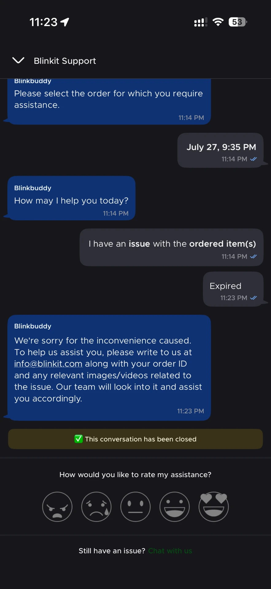 Support chat transcript where the bot asks the customer to email info@blinkit.com and then closes the conversation