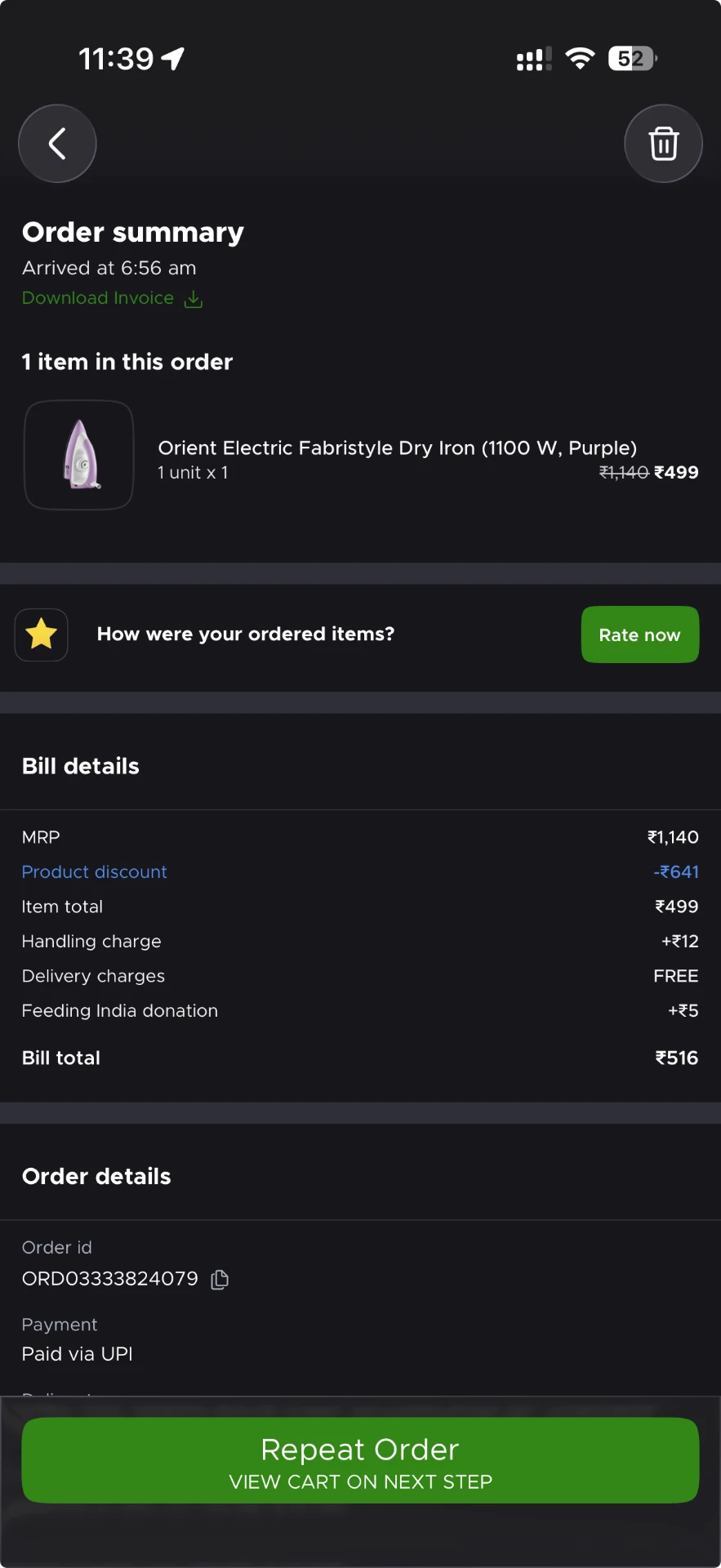 Order summary for Orient Electric Fabristyle Dry Iron 1100 W purple at Rs 499, bill total Rs 516, order ID ORD03333824079, paid via UPI
