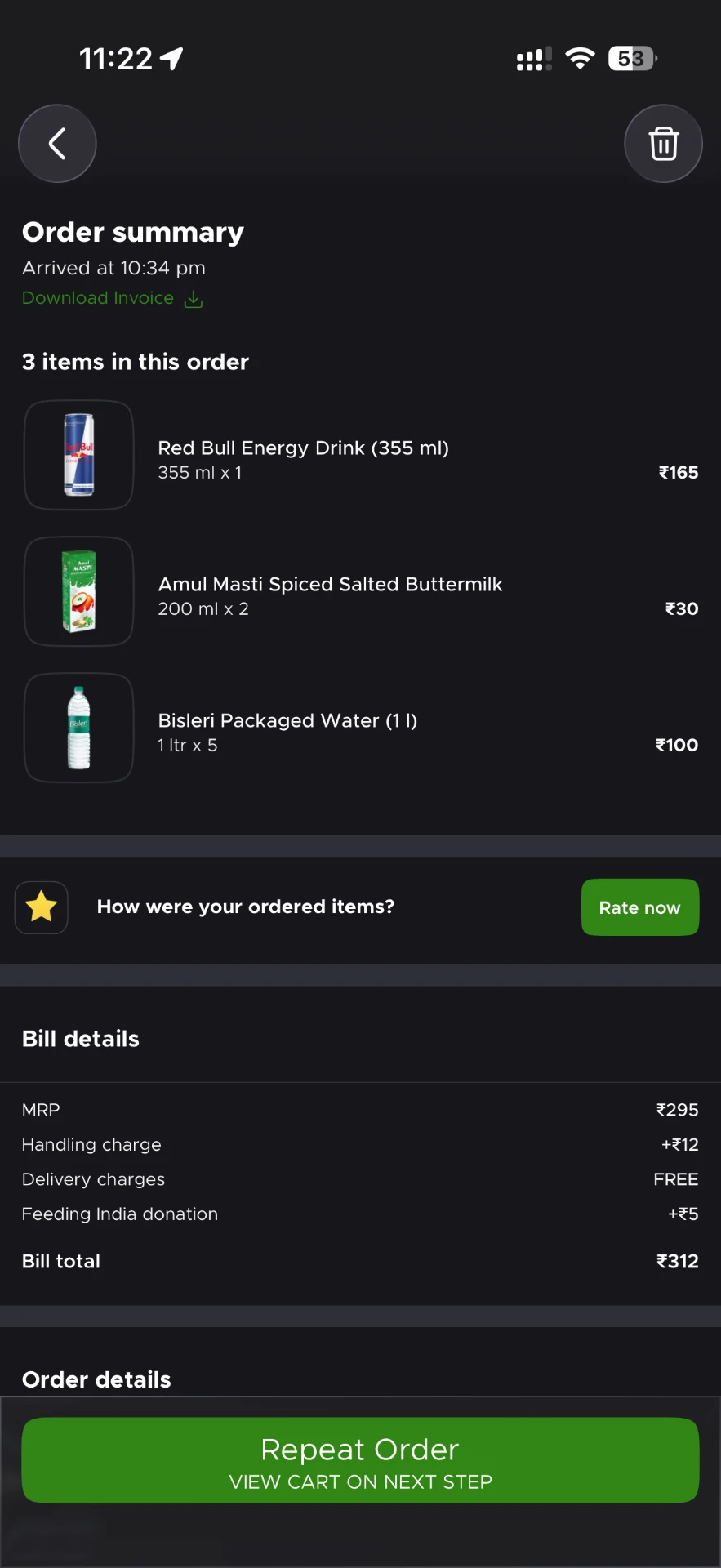 Order summary showing three items including Red Bull Energy Drink 355 ml at Rs 165, bill total Rs 312