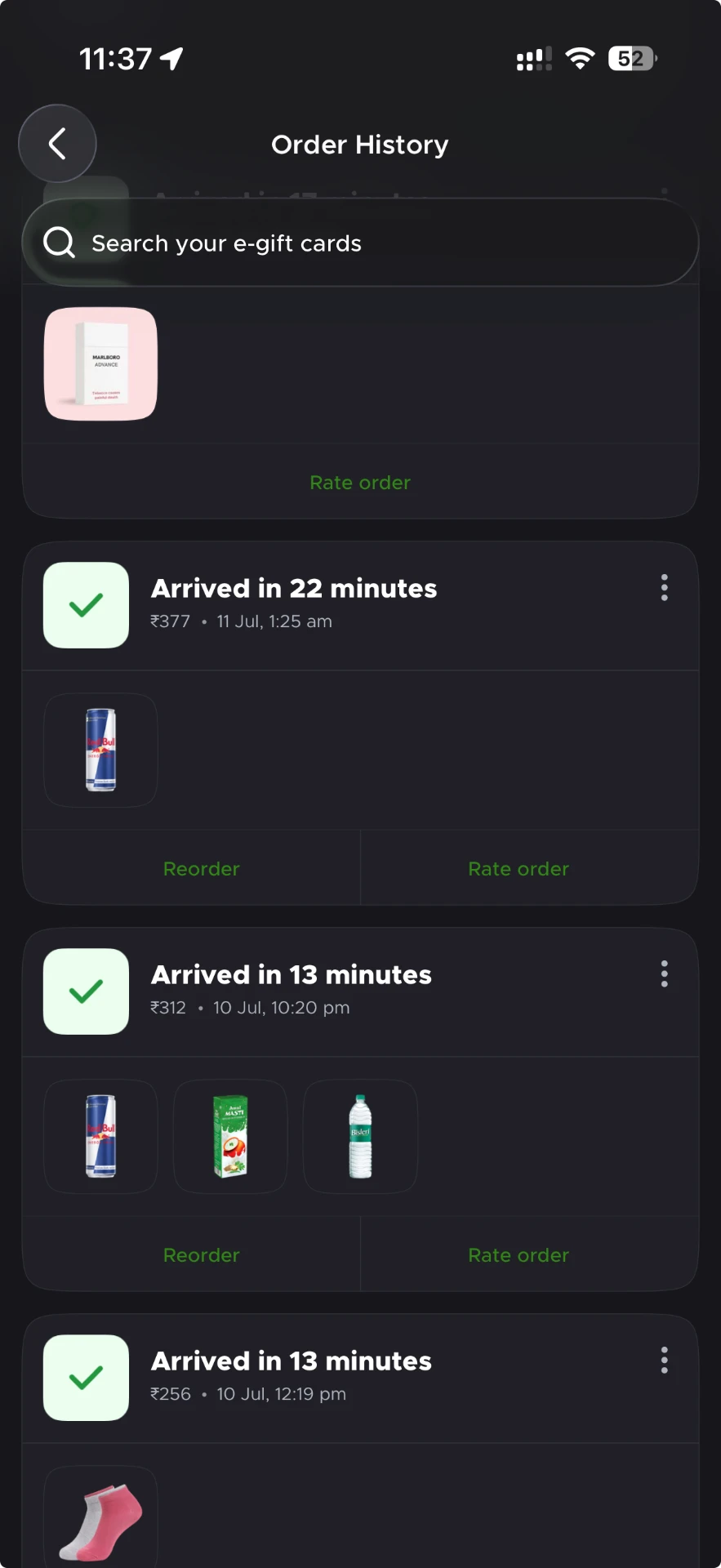Order history showing a Rs 312 order on 10 Jul 10:20 pm and a Rs 377 Red Bull re-order on 11 Jul 1:25 am